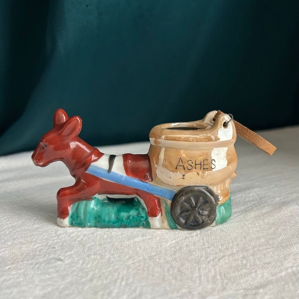 Vintage Ceramic Donkey Cart Flip Top Ash Holder Lusterware